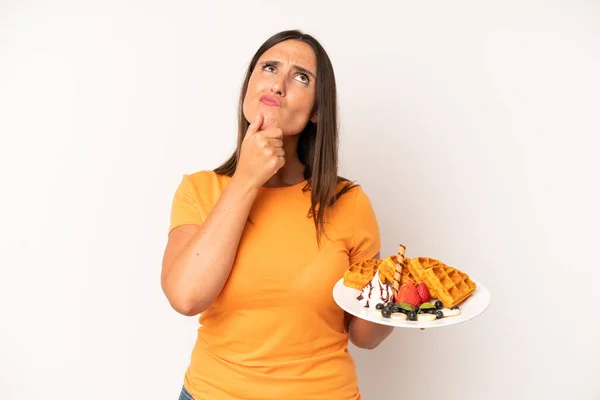 Hispanic Young Adult Woman Thinking Feeling Doubtful Confused Waffles Breakfast — Stock Photo, Image