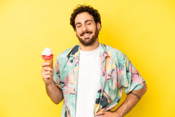 Crazy Bearded Man Smiling Happily Hand Hip Confident Ice Cream — Stock Photo, Image