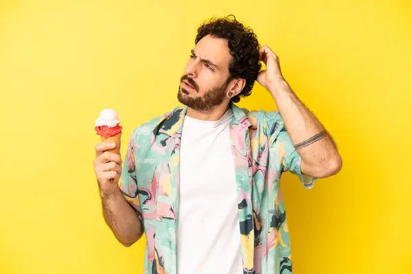 Crazy Bearded Man Feeling Puzzled Confused Scratching Head Ice Cream — Stock Photo, Image