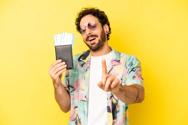 Crazy Bearded Man Smiling Proudly Confidently Making Number One Tourist — Stock Photo, Image