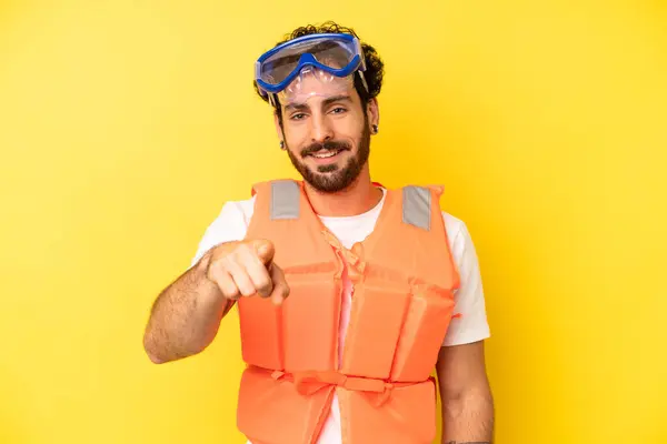 Crazy Bearded Man Pointing Camera Choosing You Life Jacket Concept — Stock Photo, Image