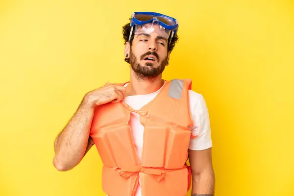 Crazy Bearded Man Feeling Stressed Anxious Tired Frustrated Life Jacket — Stock Photo, Image