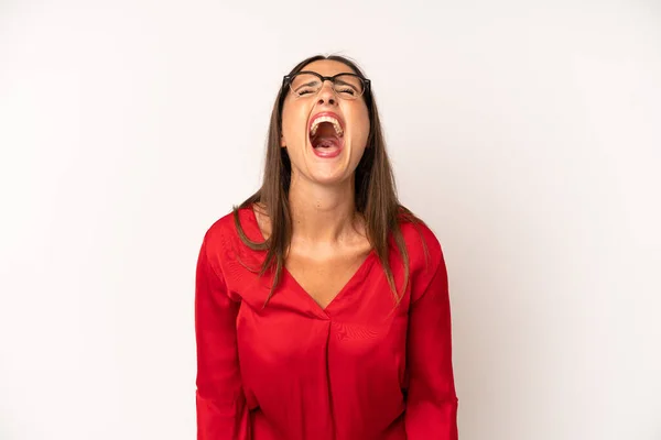 Hispanic Pretty Woman Shouting Aggressively Looking Very Angry Frustrated Outraged — Stock Photo, Image