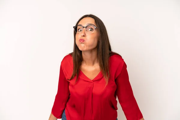 Hispanic Pretty Woman Goofy Crazy Surprised Expression Puffing Cheeks Feeling — Stock Photo, Image