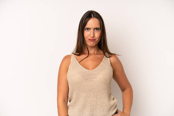 hispanic pretty woman feeling confused and doubtful, wondering or trying to choose or make a decision