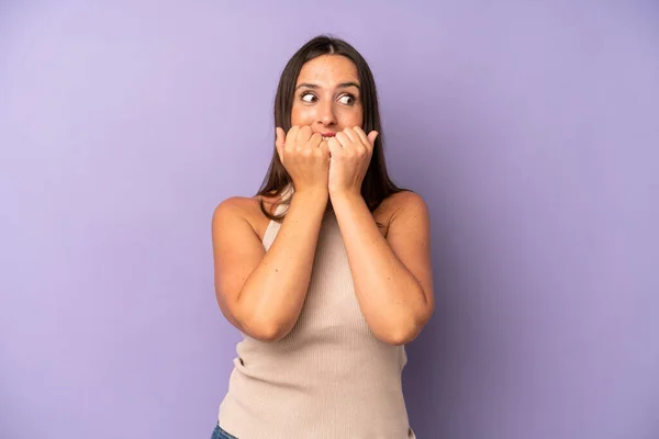 Hispanic Pretty Woman Looking Worried Anxious Stressed Afraid Biting Fingernails — Stock Photo, Image