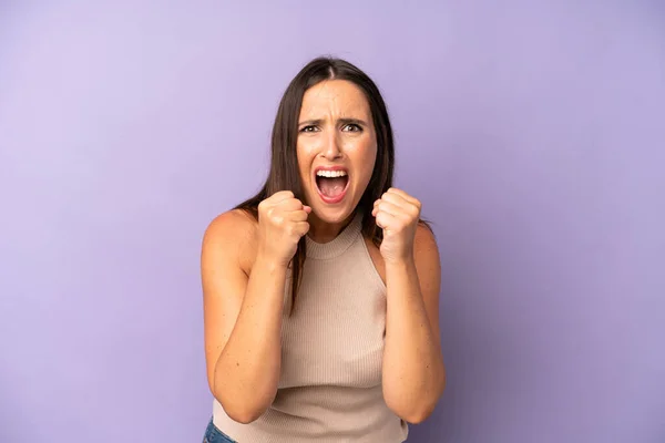 Hispanic Pretty Woman Shouting Aggressively Annoyed Frustrated Angry Look Tight — Stock Photo, Image