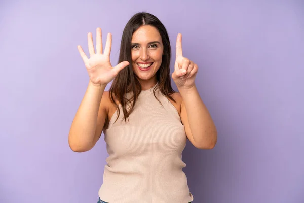 Hispanic Pretty Woman Smiling Looking Friendly Showing Number Six Sixth — Stock Photo, Image