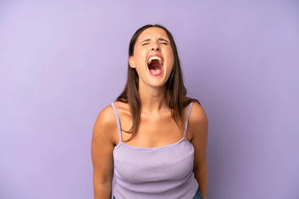 Hispanic Pretty Woman Shouting Aggressively Looking Very Angry Frustrated Outraged — Stock Photo, Image