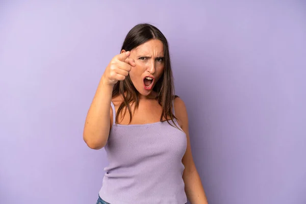 Hispanic Pretty Woman Pointing Camera Angry Aggressive Expression Looking Furious — Stock Photo, Image