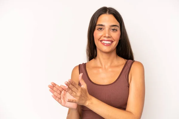 Hispanic Pretty Woman Feeling Happy Successful Smiling Clapping Hands Saying — Stock Photo, Image