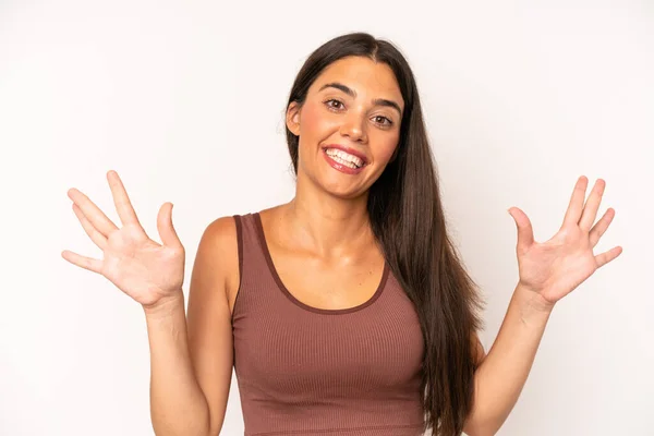 Hispanic Pretty Woman Smiling Looking Friendly Showing Number Ten Tenth — Stock Photo, Image