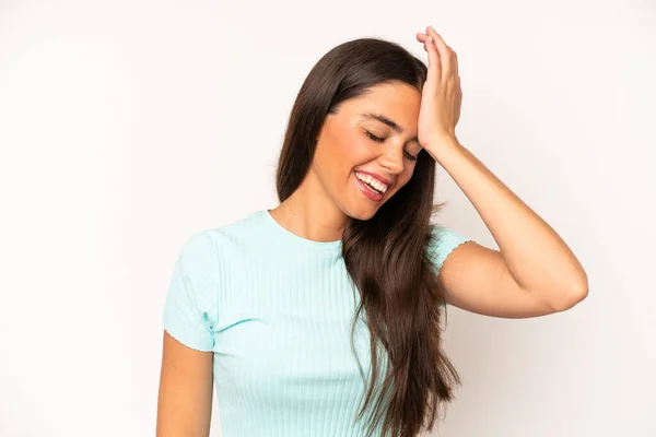 Hispanic Pretty Woman Laughing Slapping Forehead Saying Doh Forgot Stupid — Stock Photo, Image