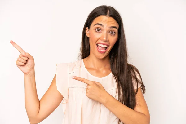 Hispanic Pretty Woman Feeling Joyful Surprised Smiling Shocked Expression Pointing — Stock Photo, Image