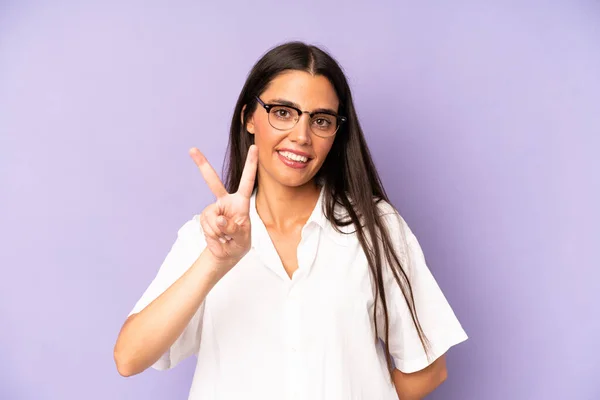 Hispanic Pretty Woman Smiling Looking Happy Carefree Positive Gesturing Victory — Stock Photo, Image