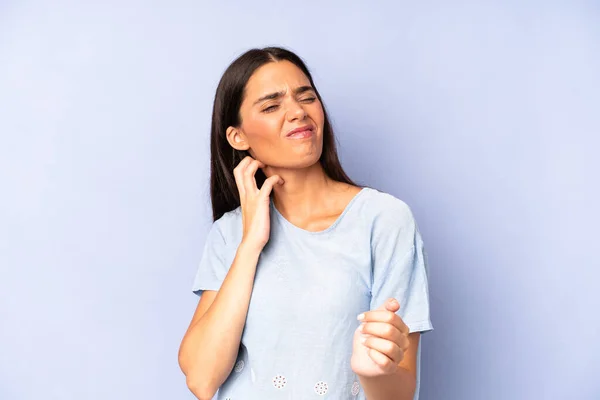 Hispanic Pretty Woman Feeling Stressed Frustrated Tired Rubbing Painful Neck — Stock Photo, Image