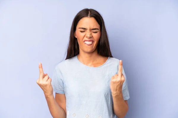 Hispanic Pretty Woman Feeling Provocative Aggressive Obscene Flipping Middle Finger — Stock Photo, Image