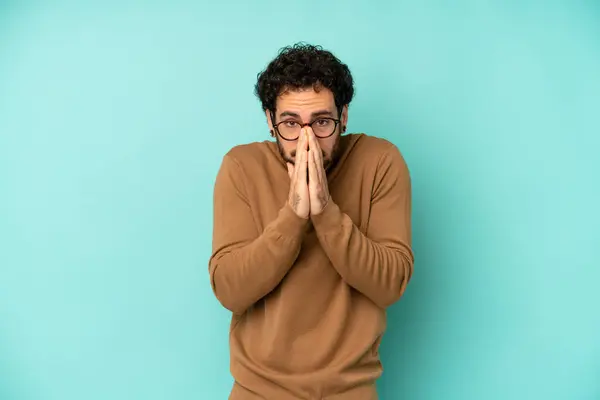 Young Bearded Man Feeling Worried Hopeful Religious Praying Faithfully Palms — Stock Photo, Image