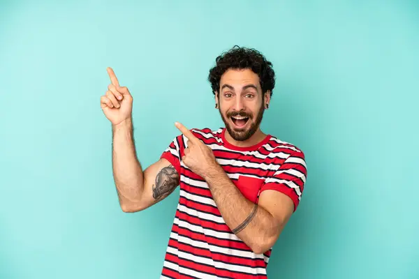 Young Bearded Man Feeling Joyful Surprised Smiling Shocked Expression Pointing — Stock Photo, Image