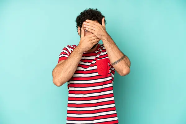 Young Bearded Man Covering Face Both Hands Saying Camera Refusing — Stock Photo, Image