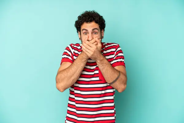 Young Bearded Man Covering Mouth Hands Shocked Surprised Expression Keeping — Stock Photo, Image