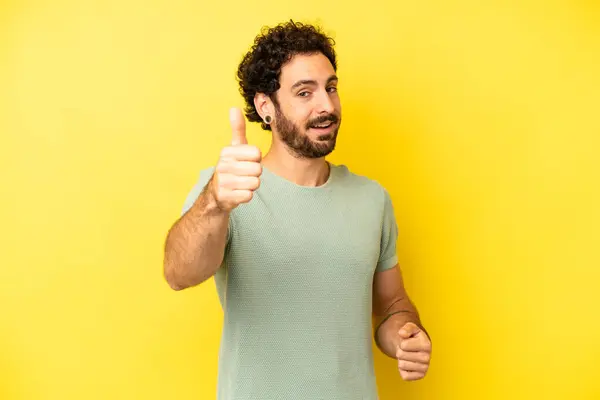 Young Bearded Man Feeling Proud Carefree Confident Happy Smiling Positively — Stock Photo, Image