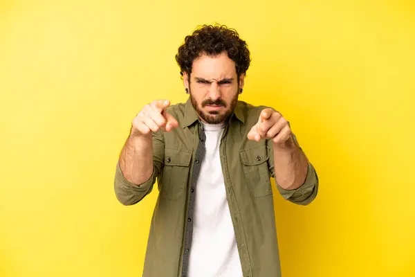 Young Bearded Man Pointing Forward Camera Both Fingers Angry Expression — Stock Photo, Image