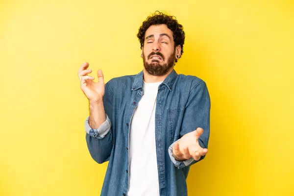 Young Bearded Man Shrugging Dumb Crazy Confused Puzzled Expression Feeling — Stockfoto
