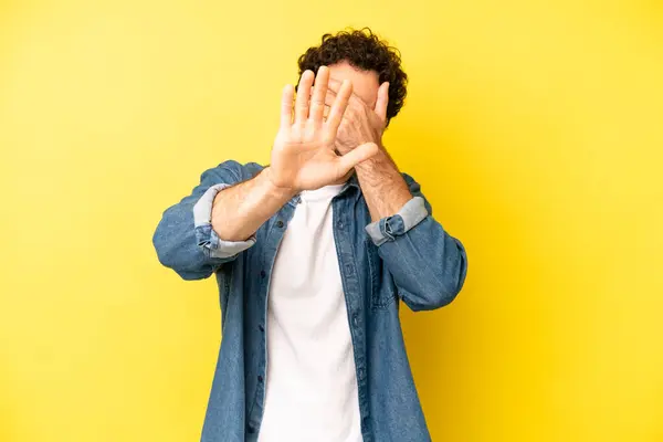 Young Bearded Man Covering Face Hand Putting Other Hand Front — Stock Photo, Image