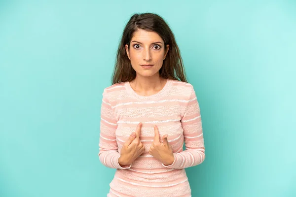 Young Adult Pretty Woman Pointing Self Confused Quizzical Look Shocked — Stock Photo, Image