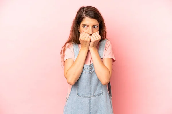 Young Adult Pretty Woman Looking Worried Anxious Stressed Afraid Biting — Stock Photo, Image