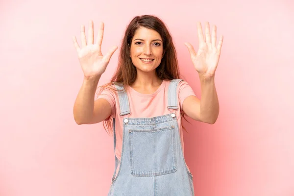 Young Adult Pretty Woman Smiling Looking Friendly Showing Number Ten — Stockfoto