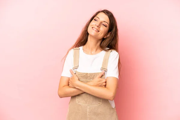 Young Adult Pretty Woman Laughing Happily Arms Crossed Relaxed Positive — Stockfoto