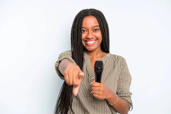 Black Pretty Woman Pointing Camera Choosing You Singer Microphone — Stock Photo, Image