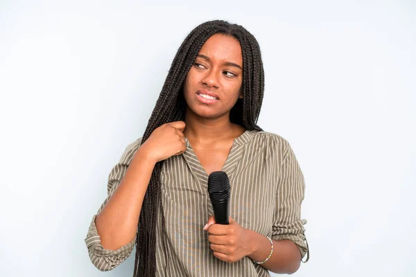Mujer Bonita Negro Sentirse Estresado Ansioso Cansado Frustrado Cantante Con —  Fotos de Stock