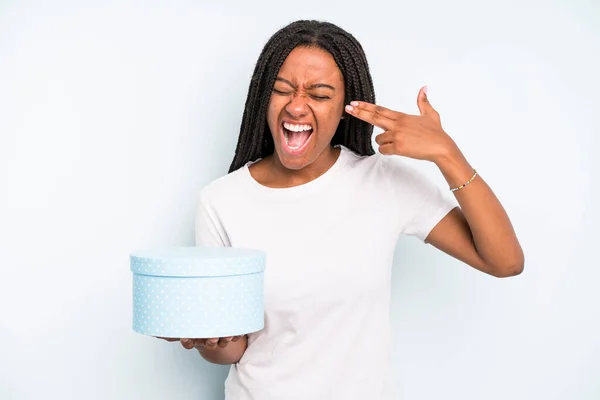 Black Pretty Woman Looking Unhappy Stressed Suicide Gesture Making Gun — Stock Photo, Image