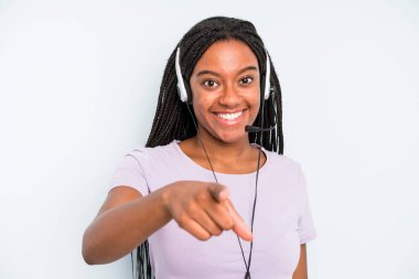 black pretty woman pointing at camera choosing you. telemarketer concept