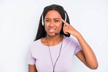 black pretty woman feeling confused and puzzled, showing you are insane. telemarketer concept