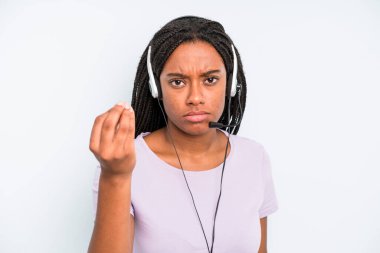 black pretty woman making capice or money gesture, telling you to pay. telemarketer concept