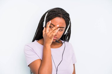 black pretty woman feeling bored, frustrated and sleepy after a tiresome. telemarketer concept