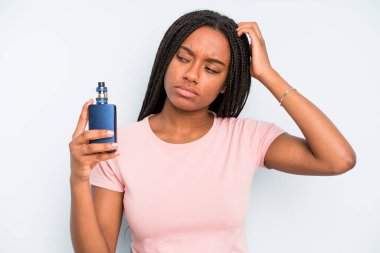 black pretty woman feeling puzzled and confused, scratching head. smoker vaper concept