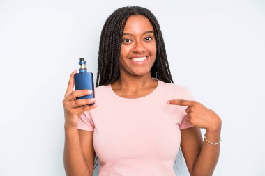 black pretty woman feeling happy and pointing to self with an excited. smoker vaper concept
