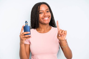 black pretty woman smiling and looking friendly, showing number one. smoker vaper concept