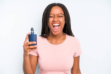 black pretty woman shouting aggressively, looking very angry. smoker vaper concept