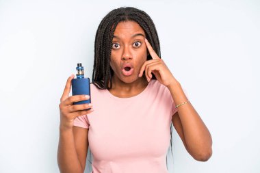black pretty woman looking surprised, realizing a new thought, idea or concept. smoker vaper concept