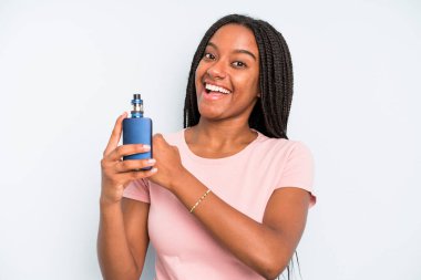 black pretty woman feeling happy and facing a challenge or celebrating. smoker vaper concept