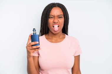 black pretty woman feeling disgusted and irritated and tongue out. smoker vaper concept