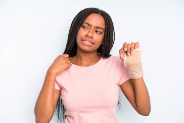 black pretty woman feeling stressed, anxious, tired and frustrated. broken hand concept