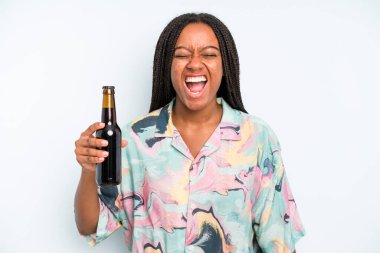 black pretty woman shouting aggressively, looking very angry beer and holidays concept