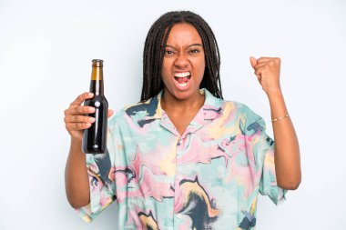 black pretty woman shouting aggressively with an angry expression beer and holidays concept